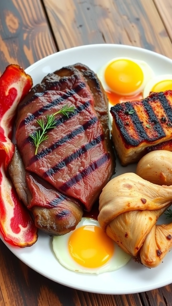 Carnivore Diet Guide for Beginners A diverse selection of meats including steak, bacon, chicken, and eggs on a rustic table.